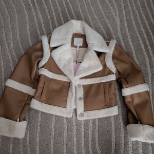 BNWT Anthropologie Brown Leather Jacket, White Fur Accents, Detachable Sleeves